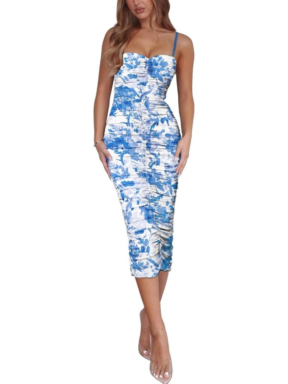 Floral Mesh Ruched Bodycon Dress - Sexy Sleeveless Backless Midi for Summer